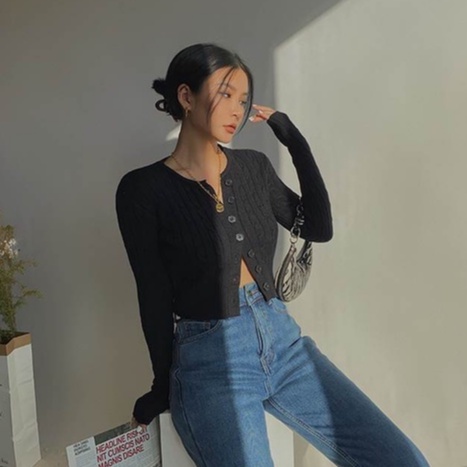 Cocory vn Áo croptop Dệt Kim Tay Dài Màu Trơn Phong Cách retro Thời Trang Cho Nữ