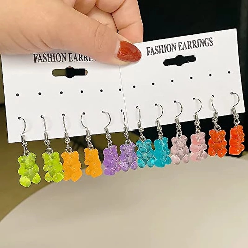 1 Cặp Bông Tai Dạng Móc Hình Gấu Teddy Mini Bằng Resin Màu Kẹo Ngọt Ngào Thời Trang Hàn Quốc
