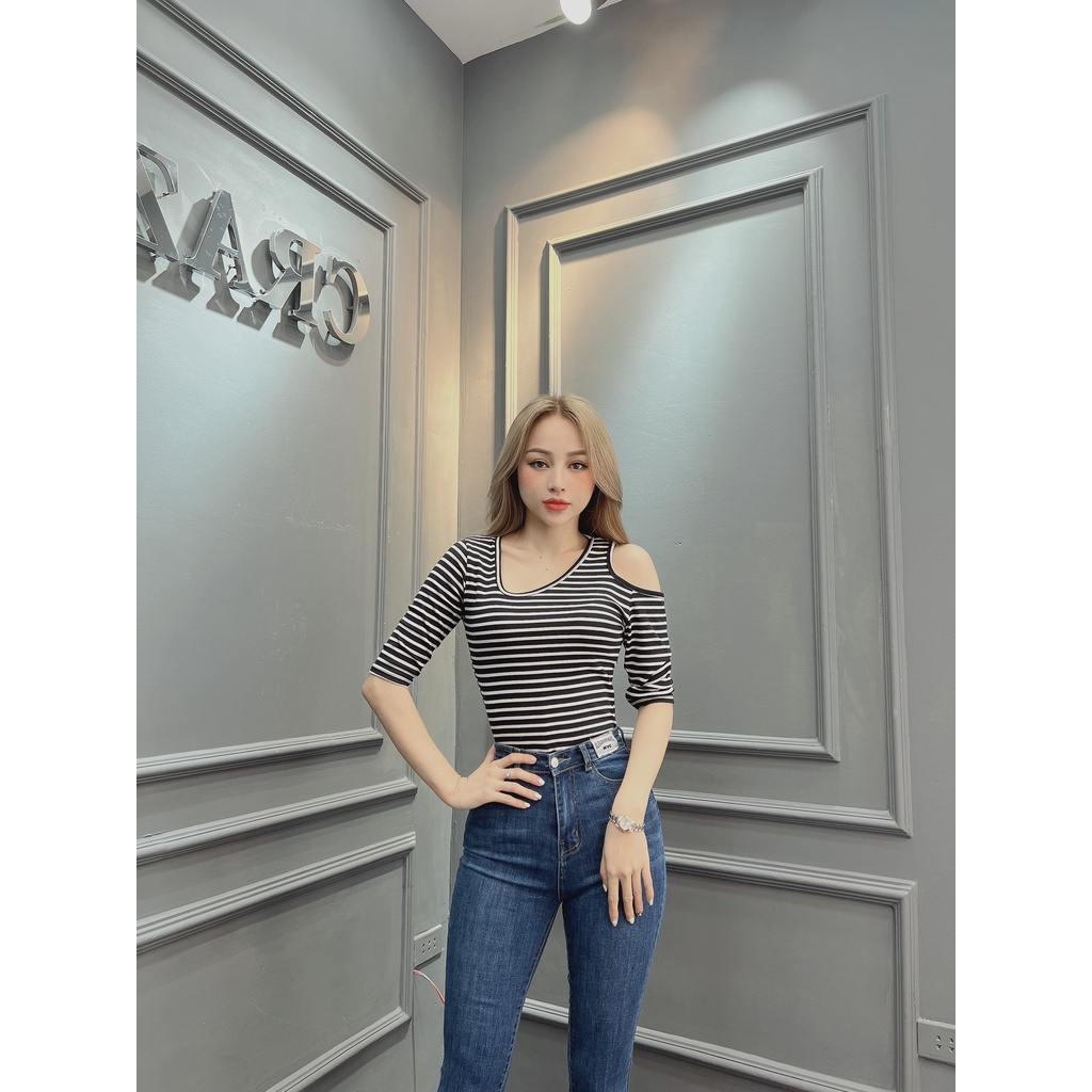 Áo thun tay lỡ nữ CRAZYTEEN khoét vai sang trọng AT0339