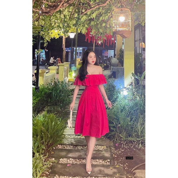 Đầm nữ trễ vai dáng xòe xếp ly, 3 màu sắc (Trắng, Hồng, Xanh) sang chảnh, xinh xắn