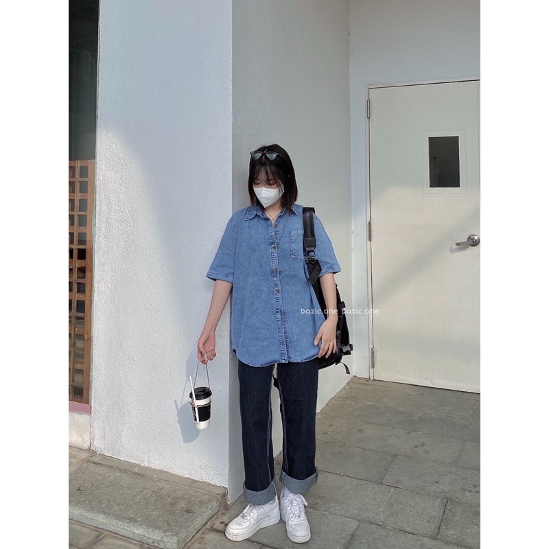 Áo sơ mi denim 1 túi, sơ mi bò cộc tay 1 túi Bazic one | BigBuy360 - bigbuy360.vn