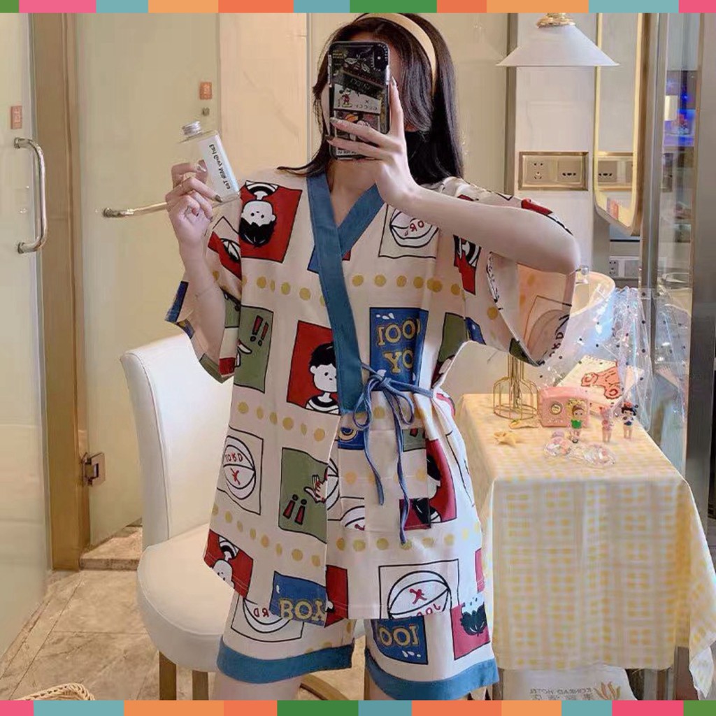 Set Bộ Pijama Nữ Dây Eo Áo Ngắn Tay Kèm Quần Short Icon So Hot