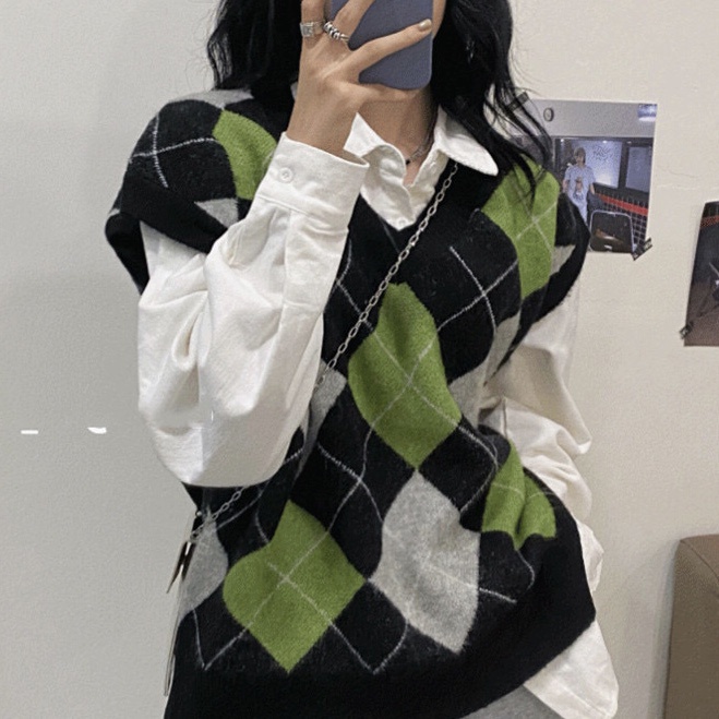 Áo dệt kim không tay họa tiết hình thoi phong cách Retro Anh Quốc