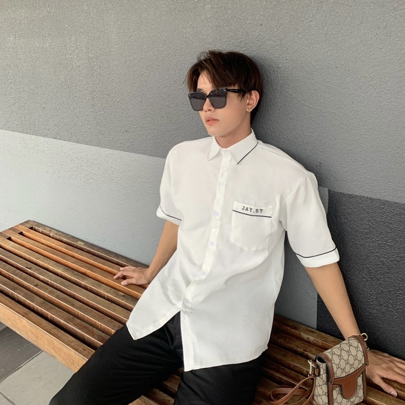 Áo sơmi tay lỡ unisex JAYST màu Đen/Trắng/Mint logo thêu  Nam nữ unisex  Áo Sơ Mi form rộng style Ulzzang