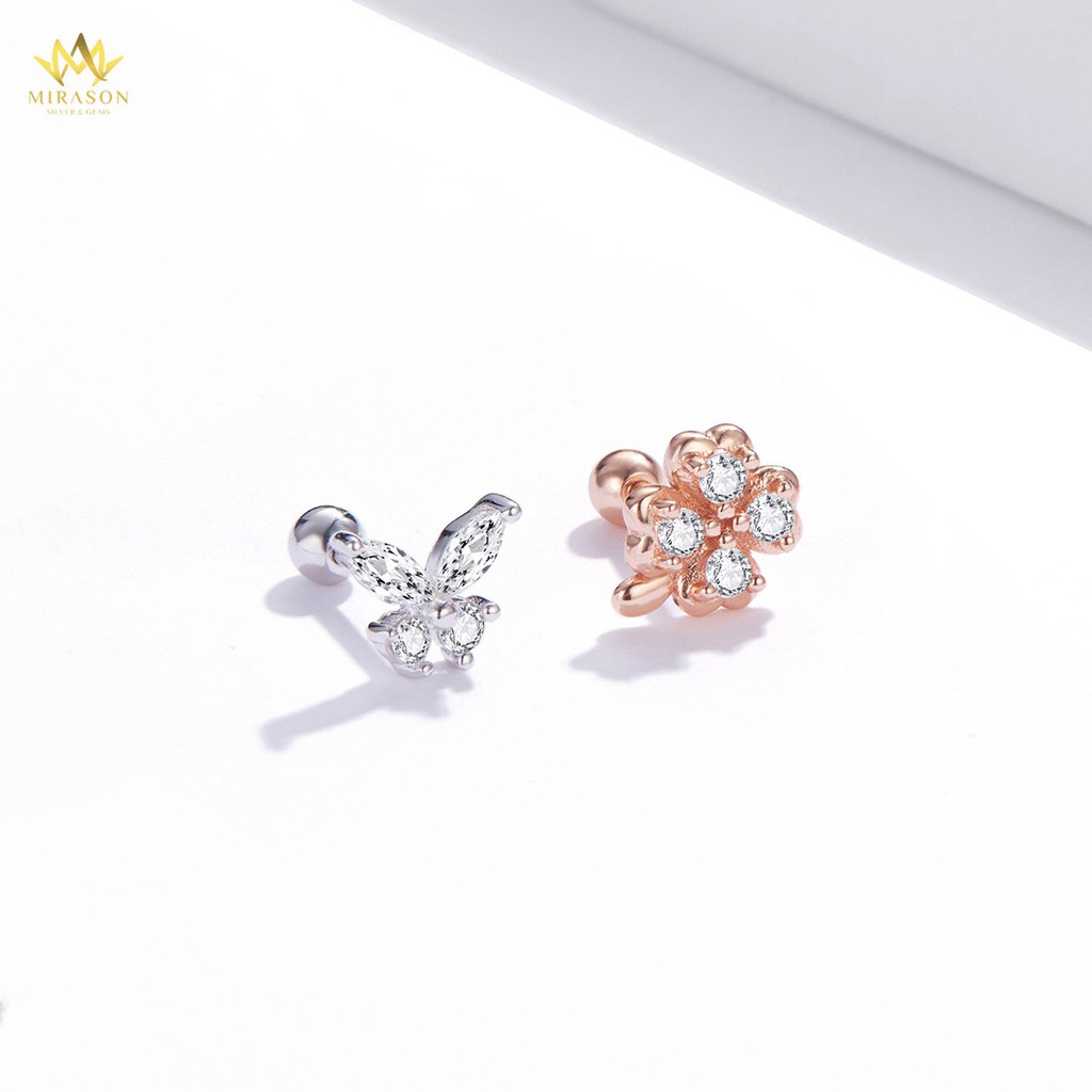 Khuyên Tai Bạc Nữ Cỏ Bốn Lá Hồng Và Bướm Trắng May Mắn, Chốt Bi Sang Trọng MBT225 - Bông Tai Nữ Cao Cấp