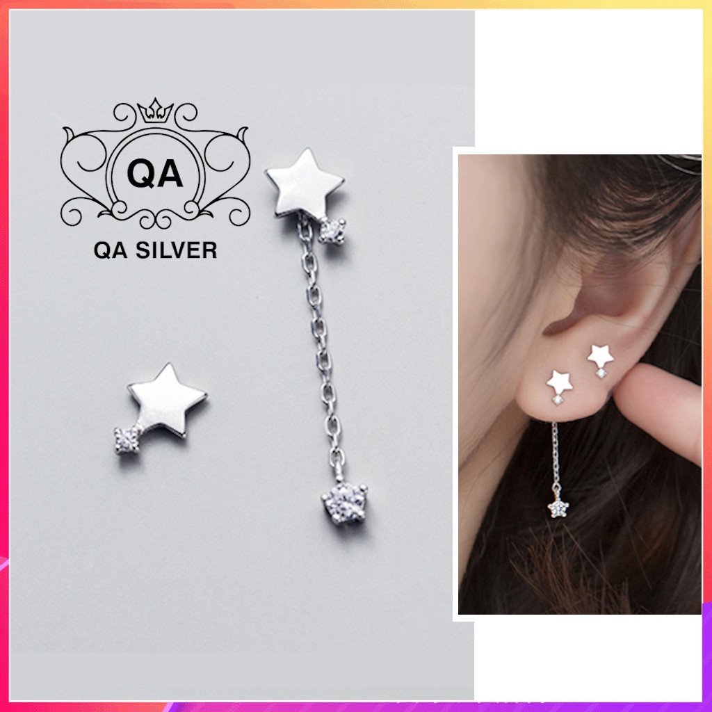 Khuyên tai bạc 925 ngôi sao bất đối xứng bông nữ đính đá S925 STAR Silver Earrings QA SILVER EA200802