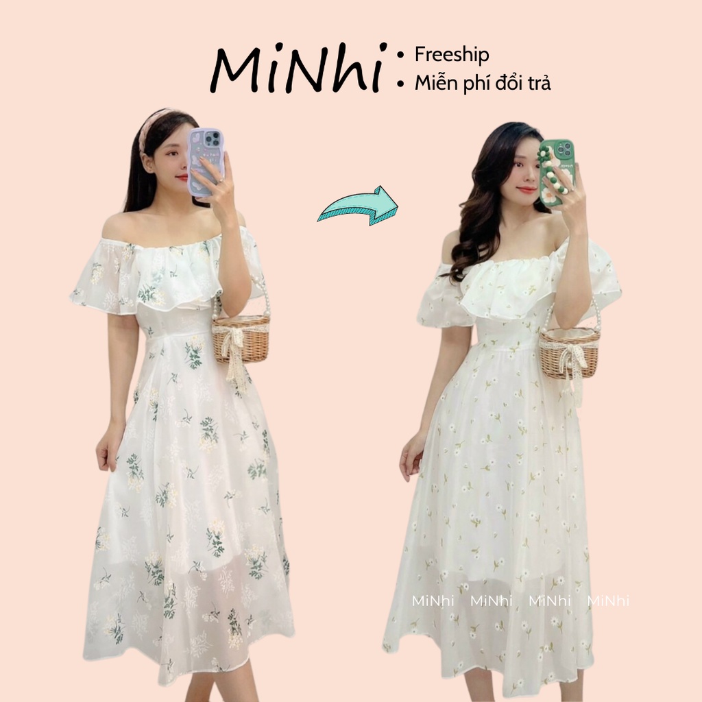 Đầm hoa nhí trễ vai maxi trắng, Váy hoa nhí trắng cổ rộng dự tiệc Cao Cấp xếp tầng ngực, dáng xòe nữ tính - MiNhi