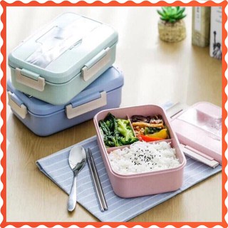 [xả kho] Hộp đựng cơm -Hộp cơm văn phòng -lúa mạch 3 ngăn tặng kèm thìa và đũa inox tiện lợi dễ dàng sử dụng và an toàn