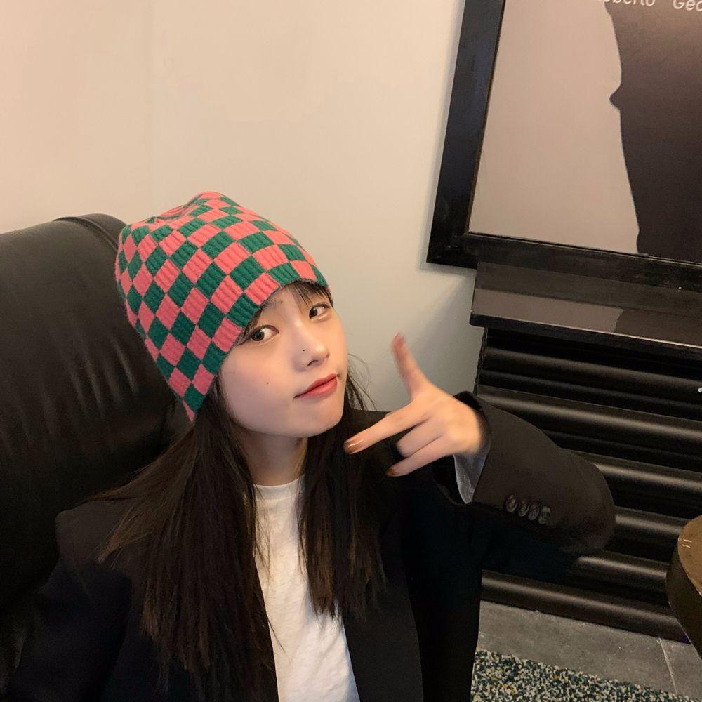 Fallforbeauty Mũ Len Beanie Dệt Kim Kẻ Ô Vuông Giữ Ấm Mùa Thu Dễ Thương Cho Cặp Đôi