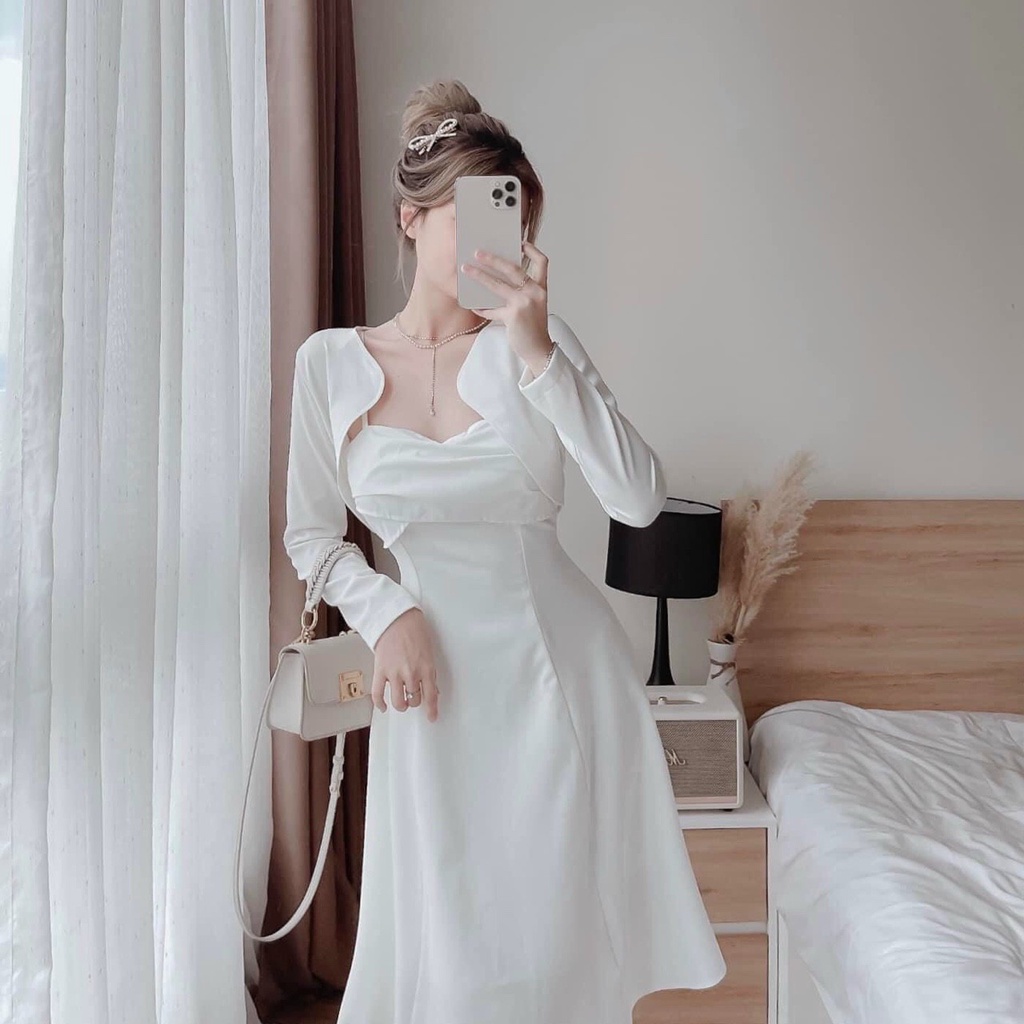 Đầm dáng dài tiểu thư đi dự tiệc cưới, đầm cúp ngực hai dây tôn dáng kèm khoác croptop dài tay