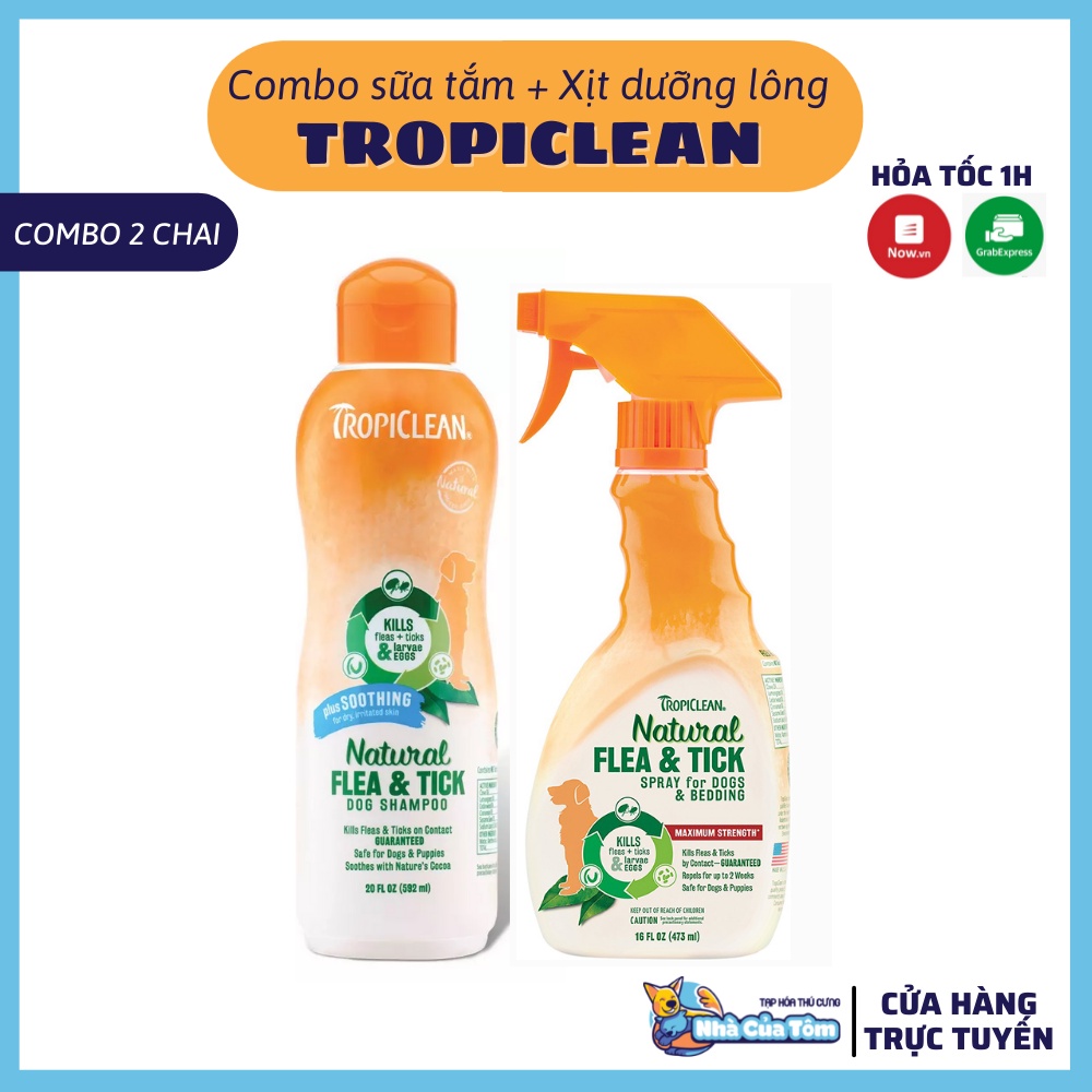 [COMBO] SỮA TẮM &amp; XỊT DƯỠNG LÔNG Tropiclean Flea &amp; Tick | Hỗ trợ ve &amp; bọ chét cho chó