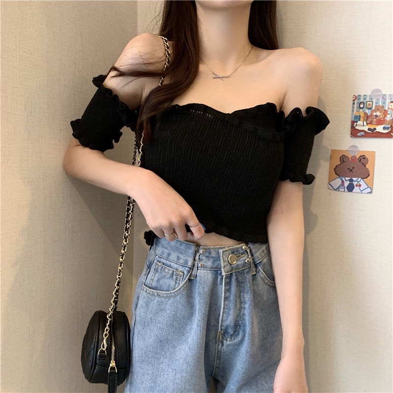 Áo Dệt Kim Ngắn Tay Trễ Vai Phong Cách Hàn Quốc Trẻ Trung Dành Cho Nữ