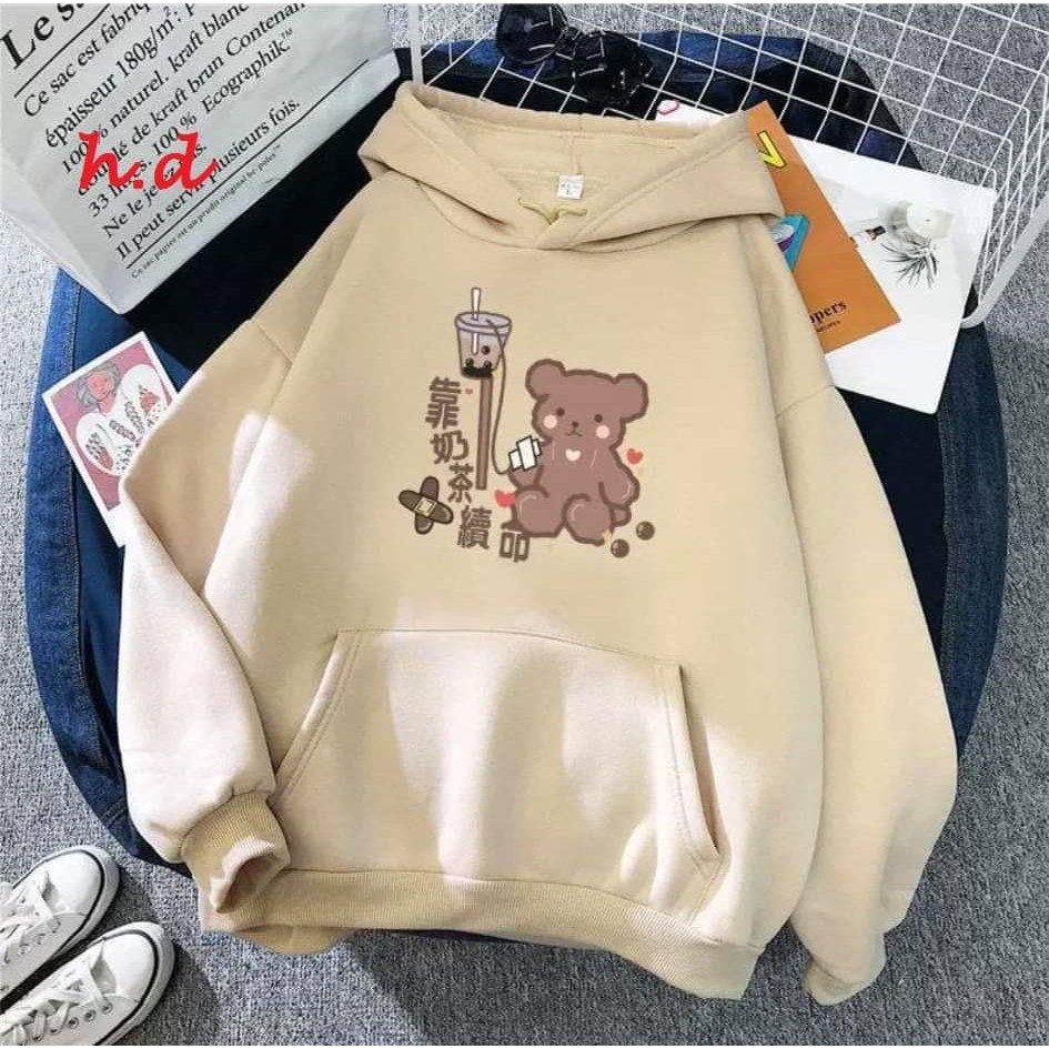 Áo hoodie gấu uống trà sữa HDA1120