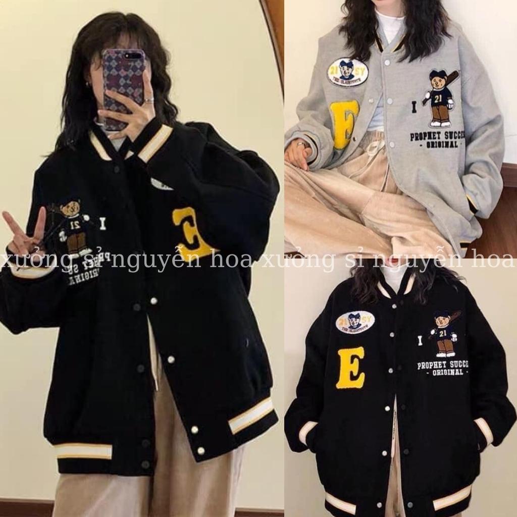 Áo bomber nữ áo khoác nỉ in chữ E form dáng rộng unisex nam  nữ, Áo khoác bóng chày, Bomber đóng cúc  chữ E - HÀNG MỚI V