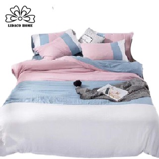 Set vỏ chăn ga gối cotton đũi Lidaco phối 3 màu - Xanh Hồng Trắng