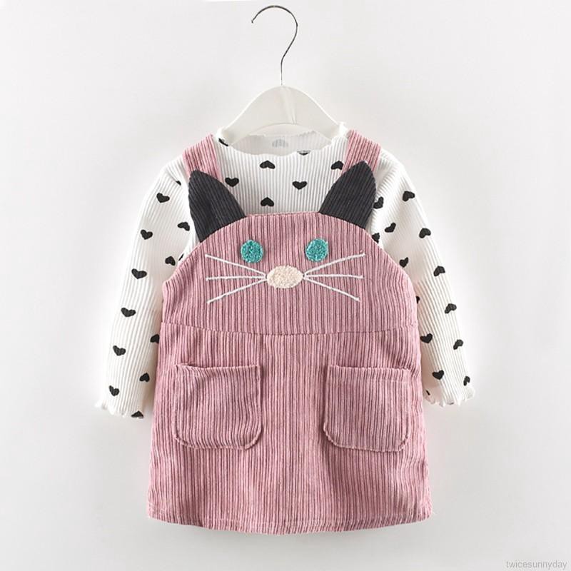 Set áo thun dài tay cổ tròn + Quần yếm dài đáng yêu cho bé gái