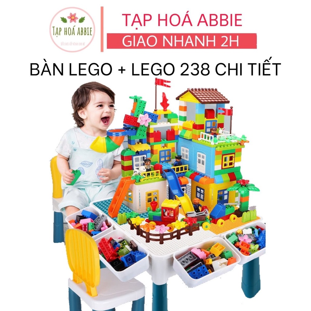 Bàn xếp hình cho bé kèm đồ chơi lắp ráp 242 chi tiết tương thích size duplo