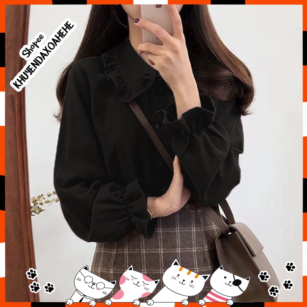 A002 Áo sơ mi nữ đen kiểu Hàn Quốc cổ bèo tay bồng tiểu thư nữ tính, áo ulzzang thô đũi vintage retro lolita búp bê JK | BigBuy360 - bigbuy360.vn