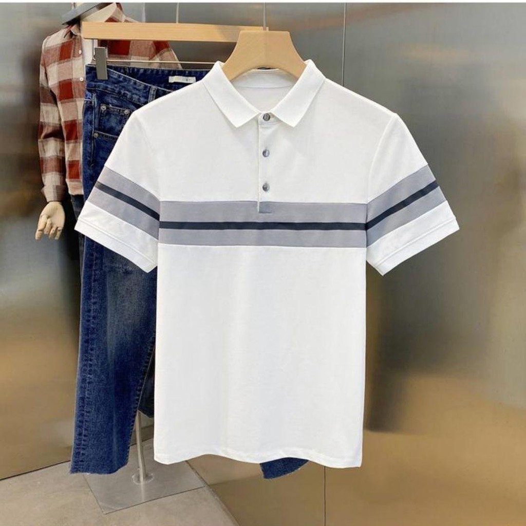 Áo thun có cổ nam vải cotton phối kẻ cá tính trẻ trung năng động vải sịn không phai màu | BigBuy360 - bigbuy360.vn