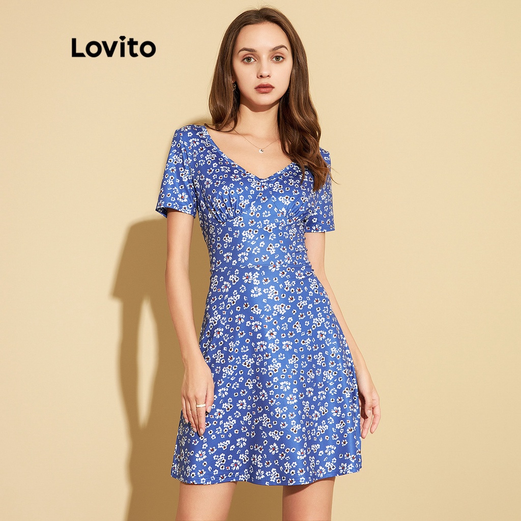Đầm loe Lovito họa tiết hoa cổ chữ V nhẹ nhàng thoáng khí phong cách thanh lịch L25ED085 (màu xanh dương)