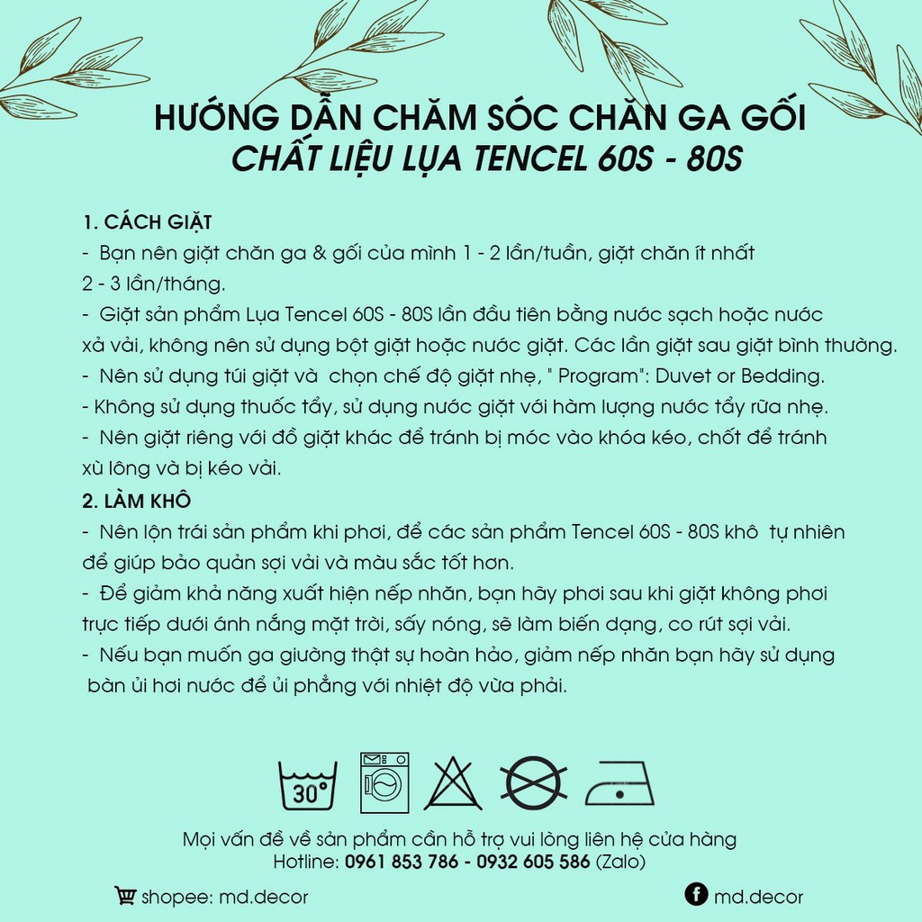 Bộ chăn ga gối Lụa Tencel 80S MD.Decor - Bedding nhập khẩu cao cấp full hộp trơn màu M6/M8