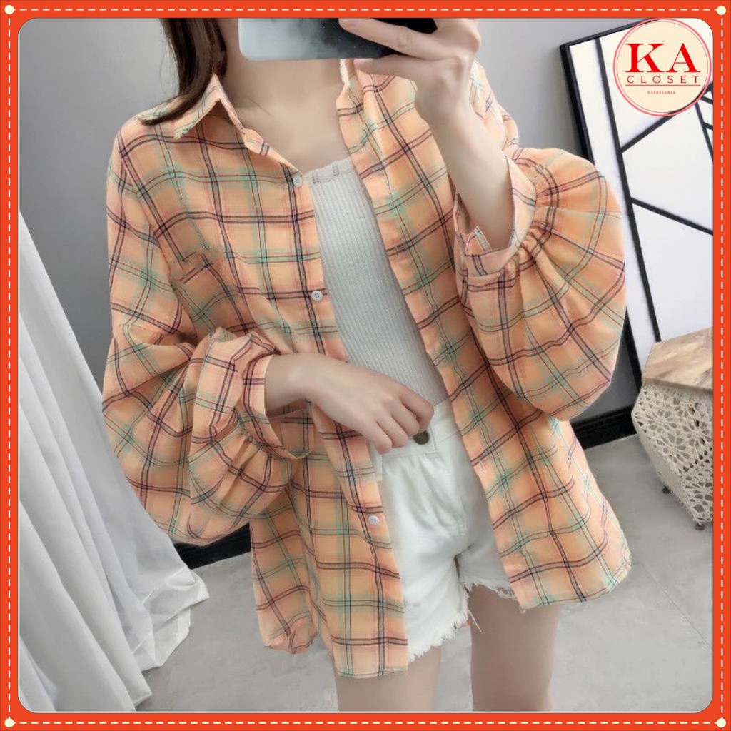 Sơ mi kẻ thụng KA Closet chất kẻ thô from rộng tay to bồng, 3 màu Đen, Nâu, Đỏ hot 2021