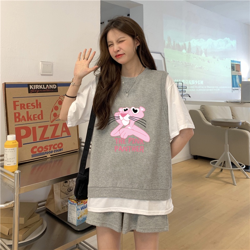 Set Áo Thun Ngắn Tay Form Rộng In Họa Tiết Hoạt Hình Và Quần Short Thời Trang Mùa Hè