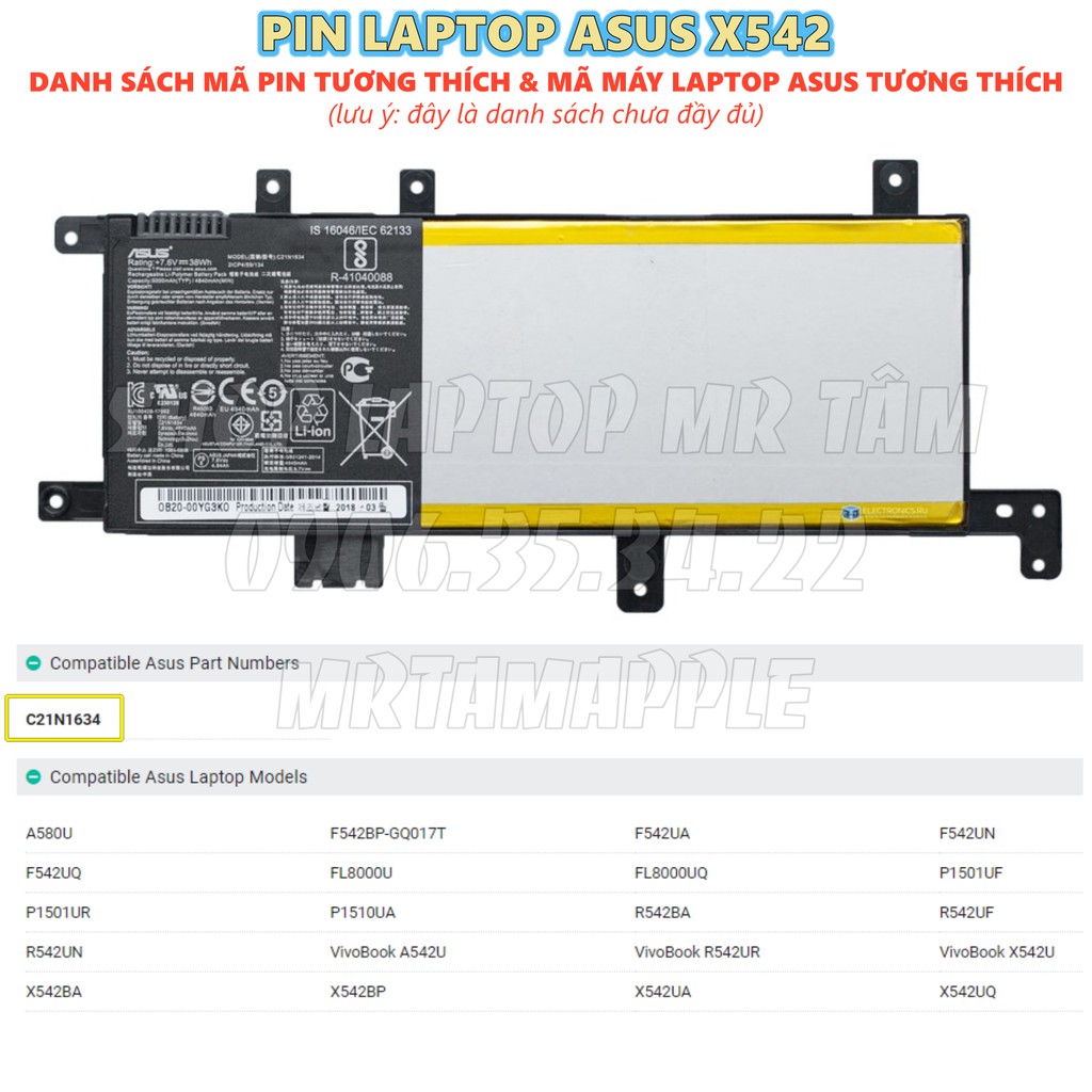 Pin Laptop ASUS X542 (C21N1634) (ZIN) - 4 CELL - Vivobook A542 A580 R542 X542 FL8000