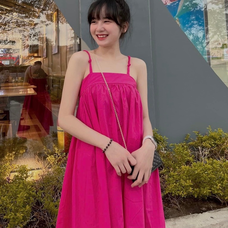 Đầm maxi 2 dây chun ngực đi biển váy đuôi tôm 2 màu xanh hồng, váy maxi dáng dài - Tira V1607