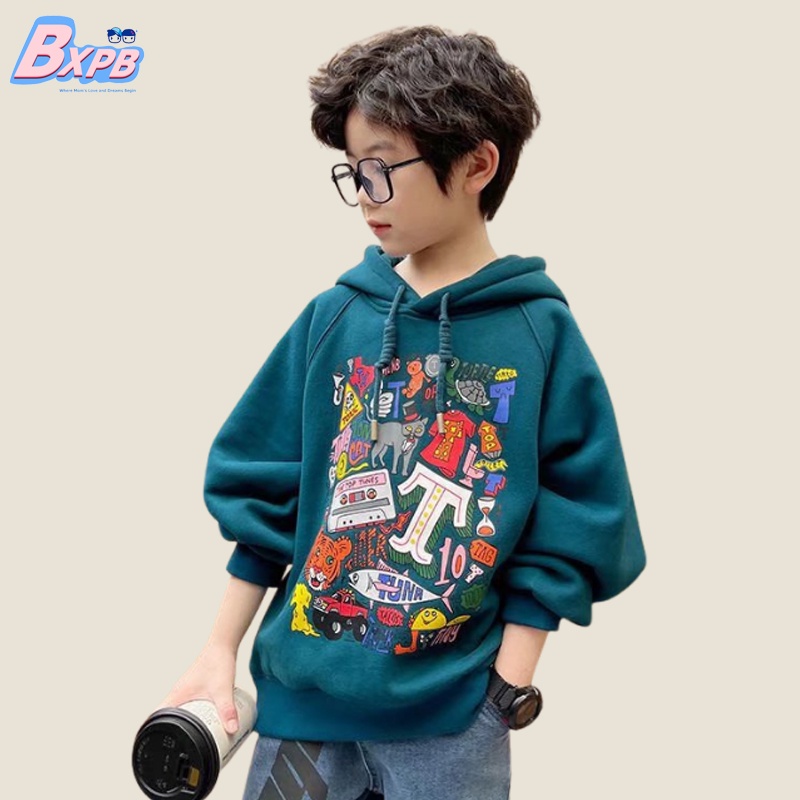 Áo hoodie BXPB lót lông cừu tay dài in hình phong cách thu đông thời trang cho bé trai 4-15 tuổi