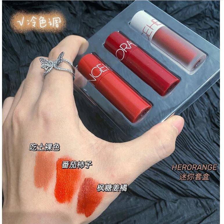 Set Son Son Lì 3 Cây Hero Orange - Son Kem Chất Son Mềm Lì Tone Đỏ Và Cam Hottrend