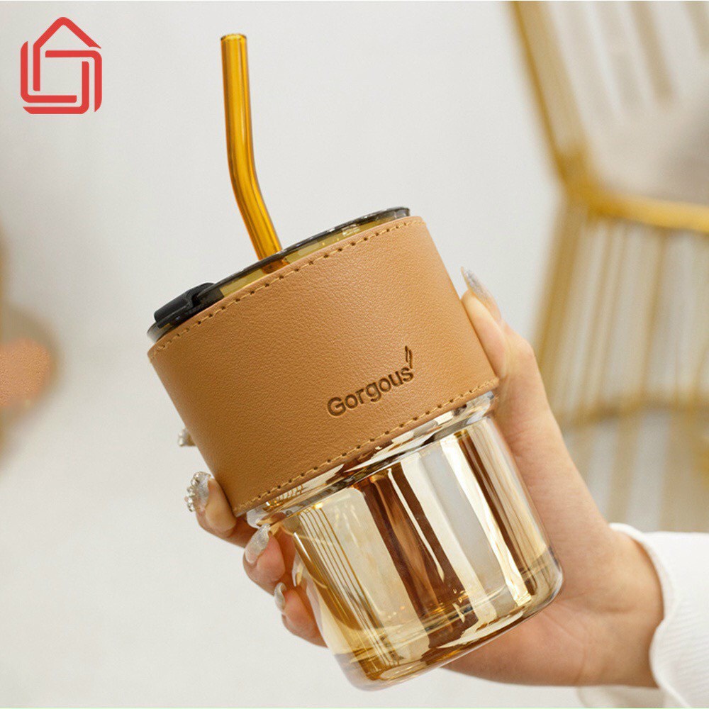 Cốc thủy tinh, ly thủy tinh Gorgous có nắp bọc bao da sang chảnh kèm ống hút thủy tinh