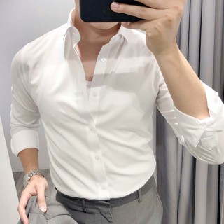 Áo sơ mi nam trắng công sở tay dài vải cotton sồi chống nhăn cao cấp