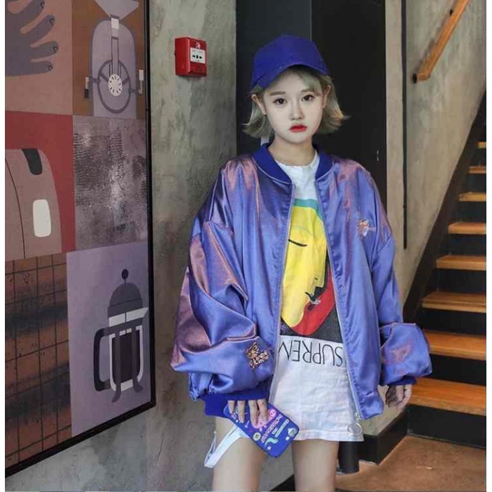 Áo Khoác Bomber Nữ Thêu Hoa Phong Cách Hip Hop