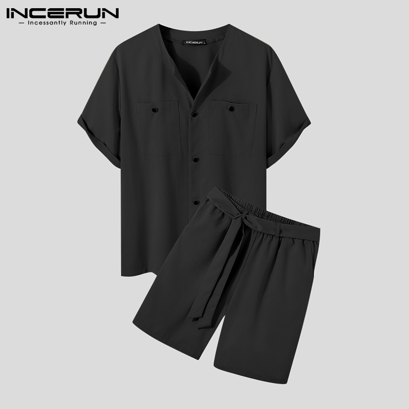 Bộ quần áo INCERUN gồm áo ngắn tay cổ tròn và quần đùi dây rút cho nam