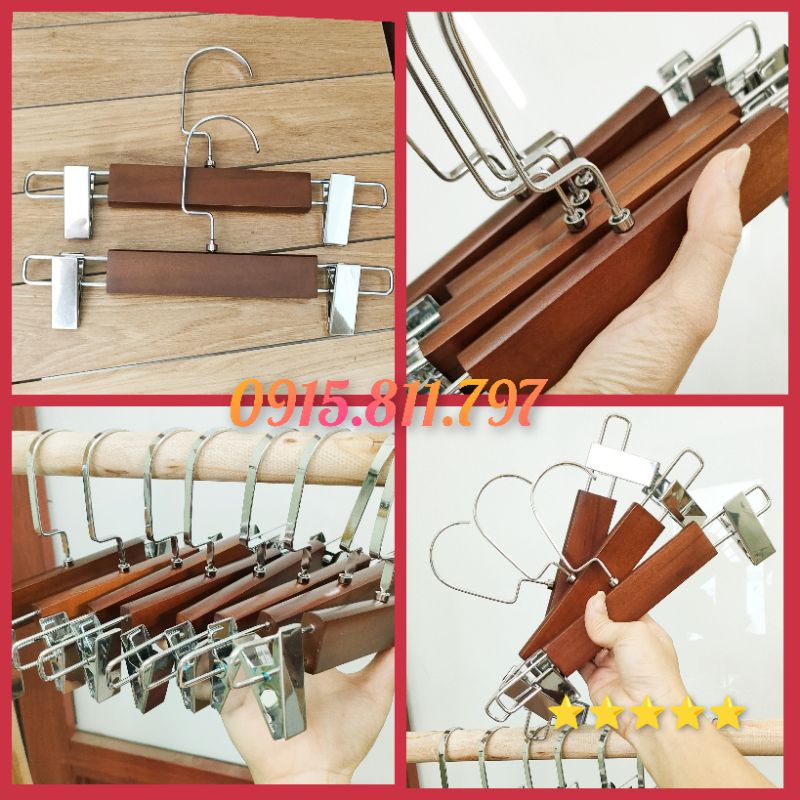 Móc quần áo trẻ em - Kẹp gỗ nâu đầu kẹp inox sáng sang chảnh - Kẹp quần,áo,váy chuyên dùng cho shop,khách sạn,gia đình