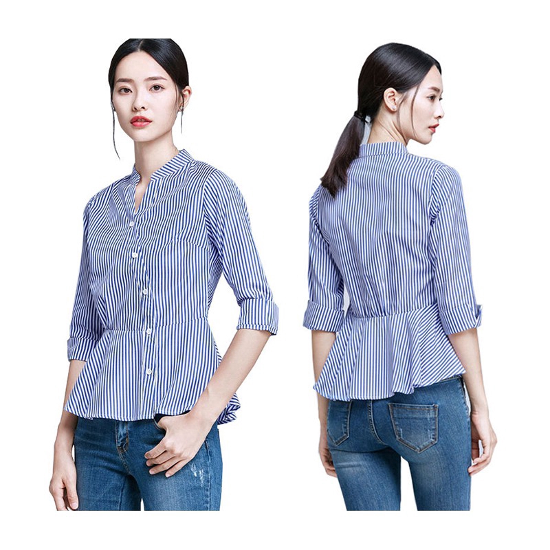 Áo Blouse nữ tay lửng xanh trắng sọc trắng xanh dương kiểu Hàn Quốc