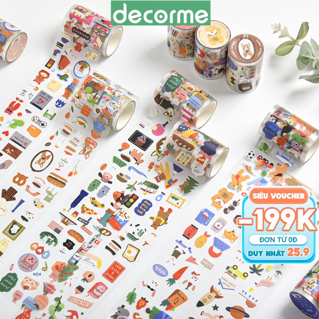 Washi tape PET động vật cuộn sticker hình dán dễ thương phụ kiện văn phòng phẩm DEcorMe 60mm.3m