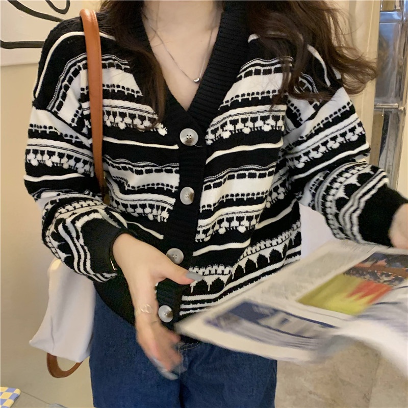 Áo cardigan dệt kim cổ chữ V dáng rộng thời trang Hàn Quốc thanh lịch 17A7927