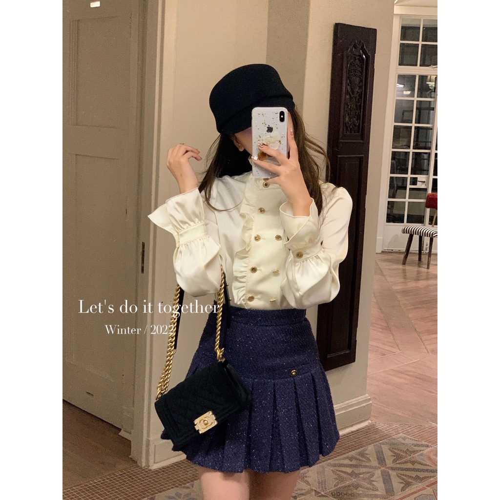 Áo sơ mi trắng cổ tàu xếp ly áo bánh bèo phối cúc đá sang chảnh A240 SUTANO