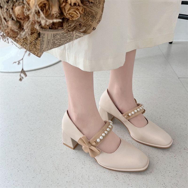 Giày Búp bê cao gót Nữ Đế 5 phân Quai Nơ đính Hạt ngọc Kiểu dáng Vintage