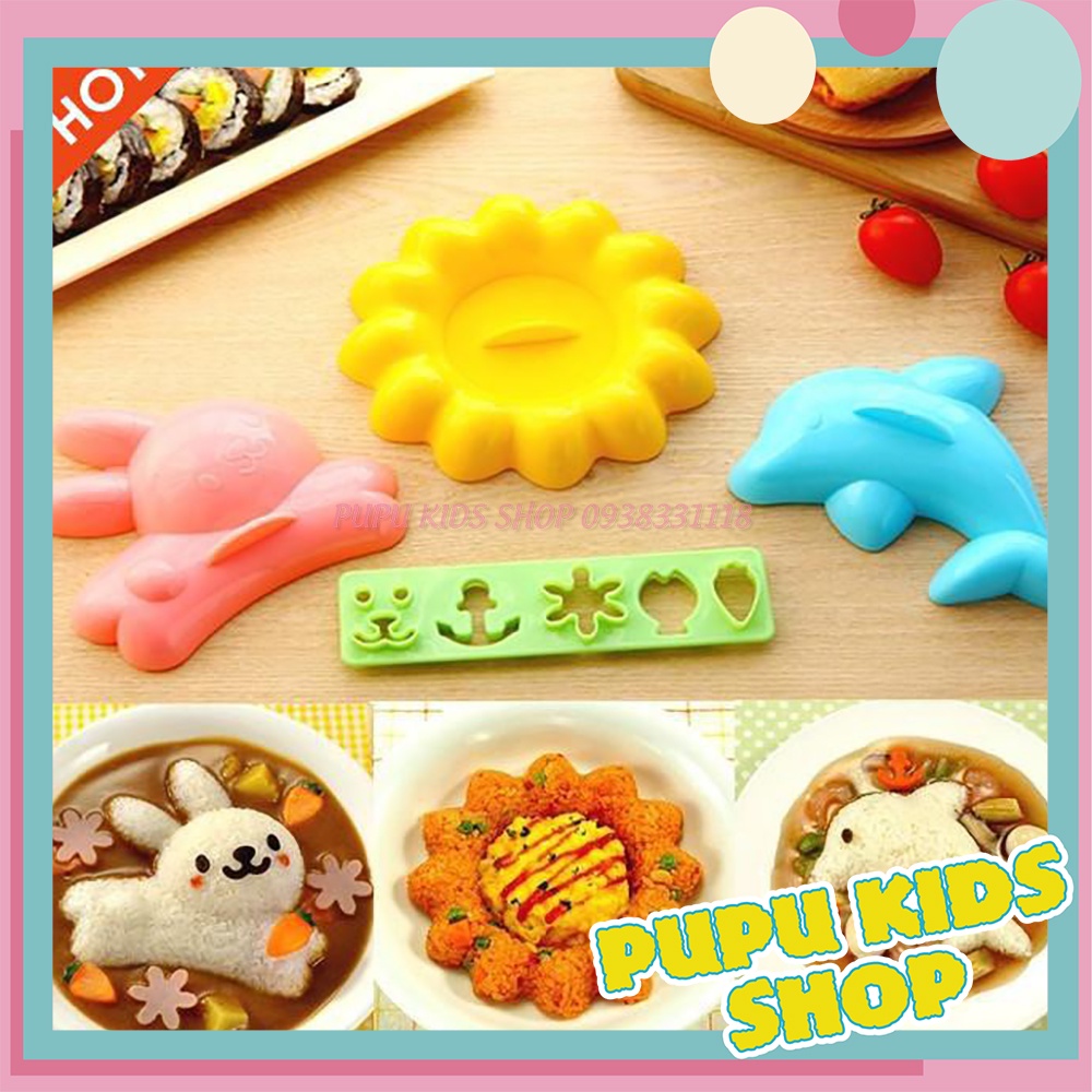 Set 4 Khuôn ép cơm bento hình cá heo, thỏ, hoa và khuôn cắt tạo hình rau củ quả cho bé ăn dặm