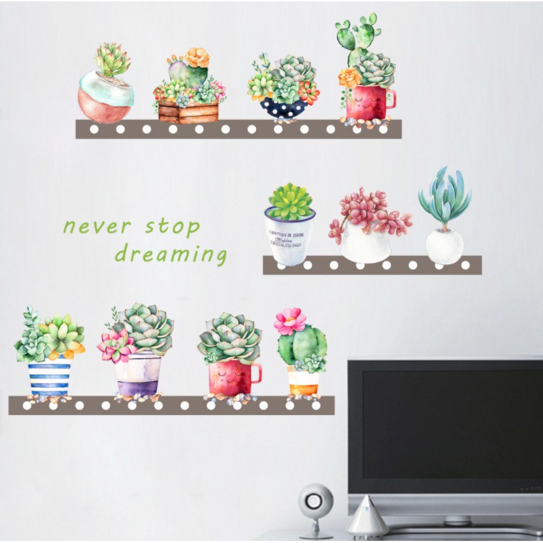 Decal dán tường Chậu hoa trên kệ chữ tiếng anh