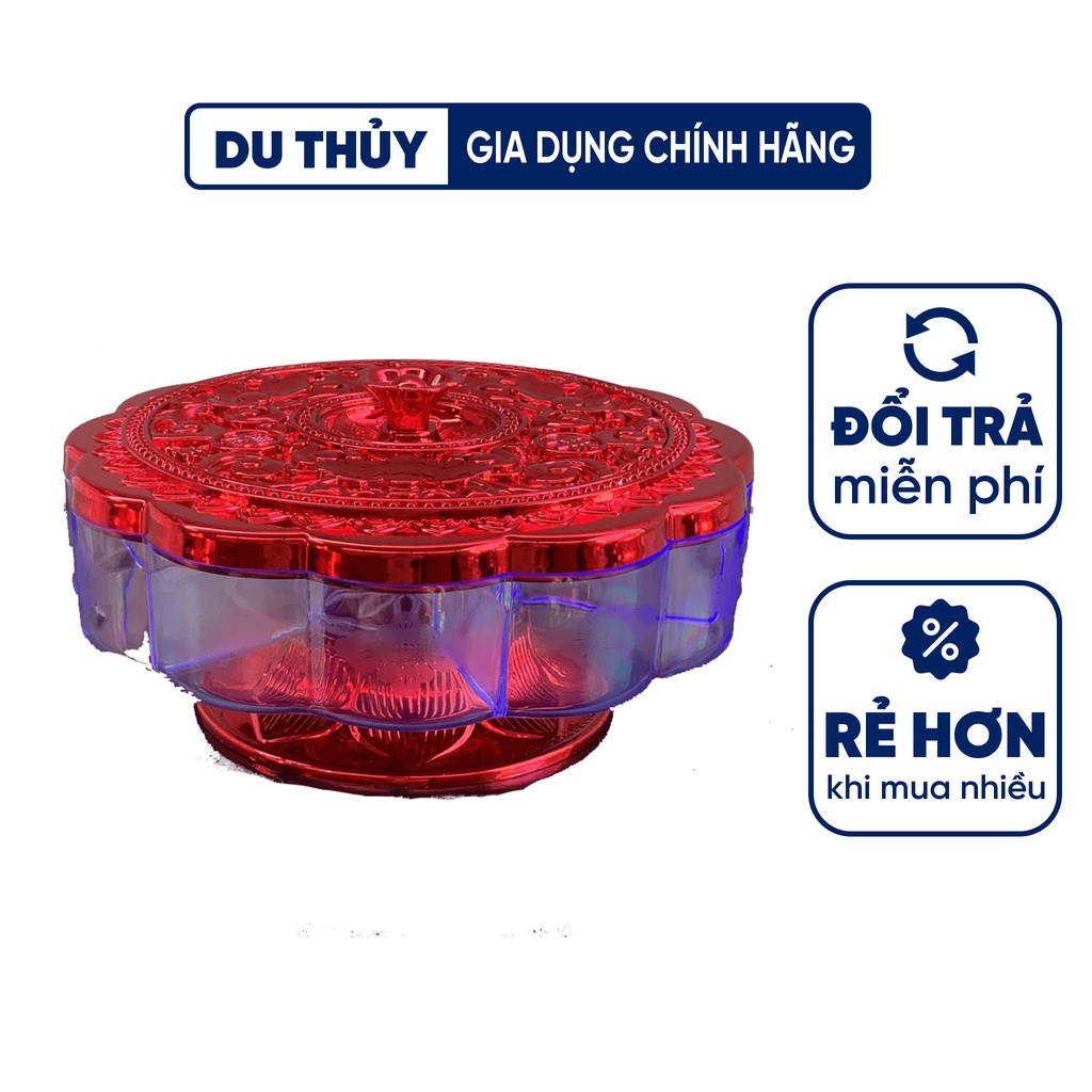 Hộp mứt tết kiểu dáng sang trọng có đế xoay tiện lợi, nhiều ngăn đựng chất liệu nhựa acrylic dùng đựng mứt ngày tết