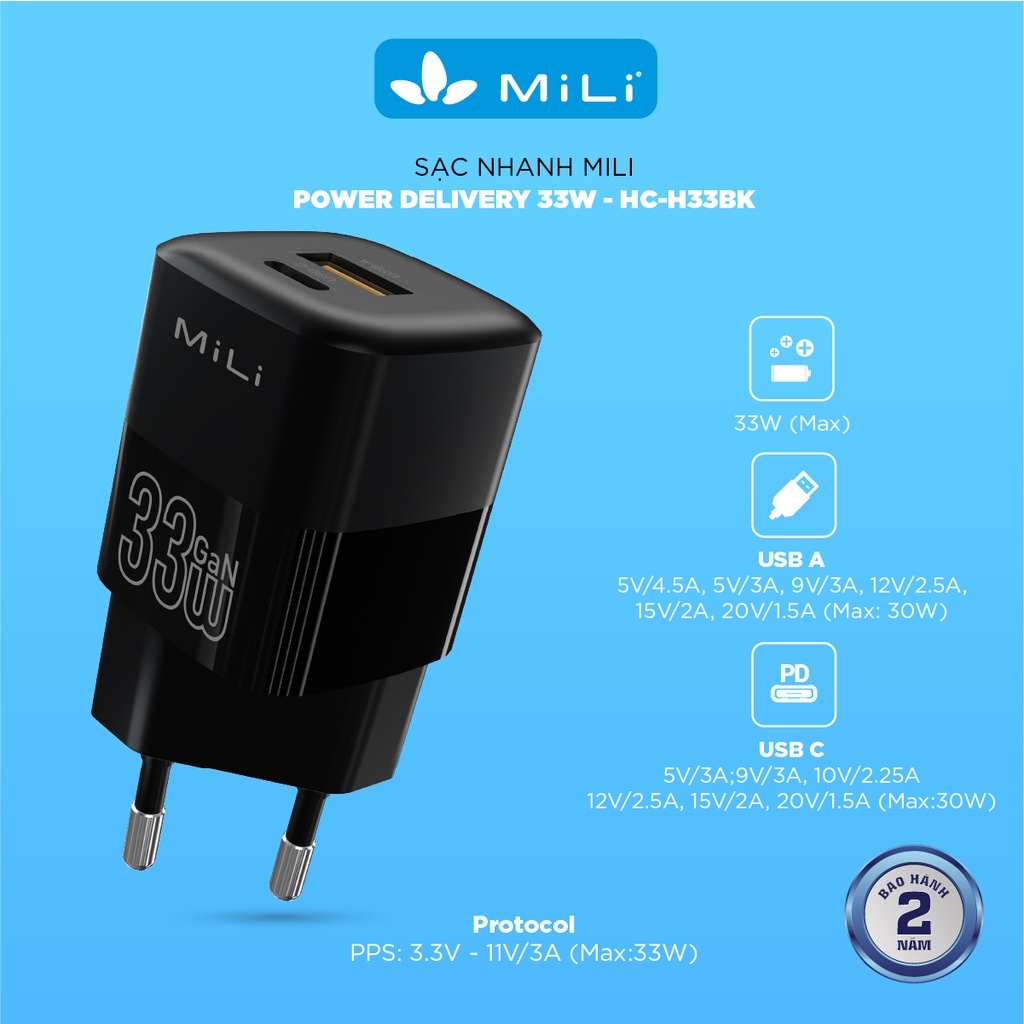 Cốc sạc nhanh MiLi PD 33W GaN - HC-H33 màu đen - Chân cắm EU - Bảo hành 2 năm -  MiLi PD 33W GaN - HSHOP365