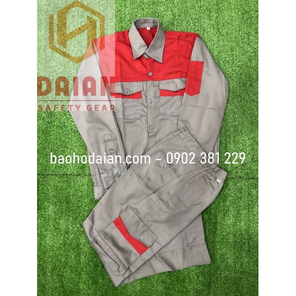Quần áo bảo hộ lao động vải kaki 31 túi hộp màu ghi đất phối đỏ - M12