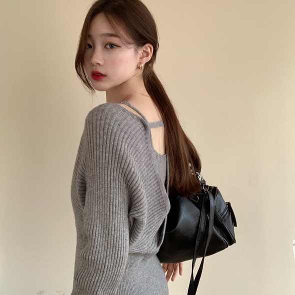 Đầm ZHELIHANGFEI dệt kim giả hai lớp tay dài hở lưng phong cách quyến rũ thời trang
