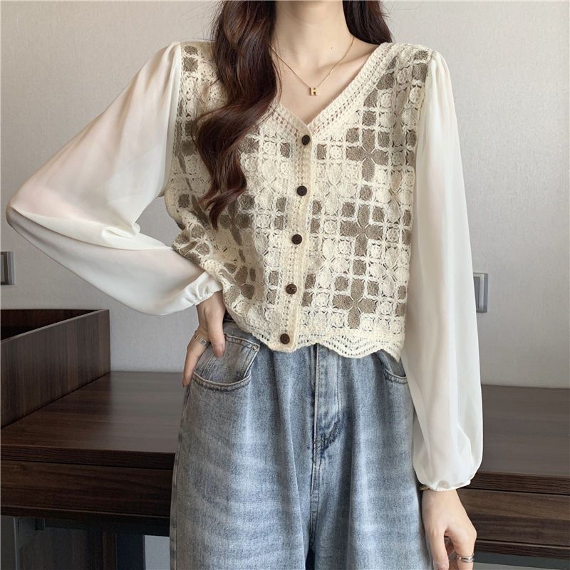 Áo len croptop tay dài Áo Kiểu Ngắn Tay Dài Phối Ren Lỗ Thêu Hoa Thời Trang Mùa Hè 2022 Phong Cách Phương Tây