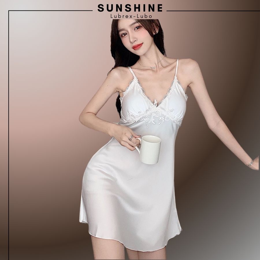 Váy Ngủ Lụa Sexy 2 Dây  Satin Phối Ren Quyến Rũ Gợi Cảm Màu Trắng - SUNSHINE LUBREXLUBO -VL165