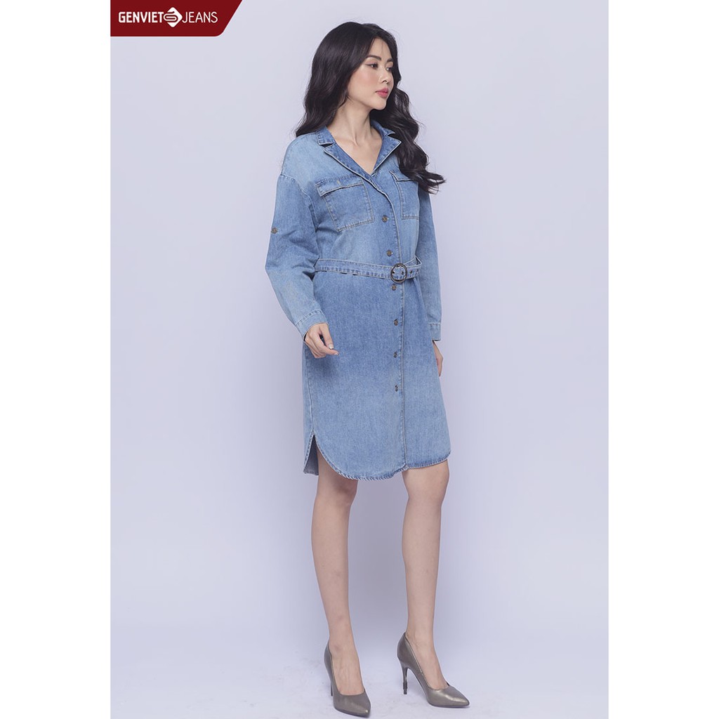 [Mã FASHIONMALLT4 giảm 15% đơn 150k] Đầm Jeans Nữ Phối Hai Túi Ngực TD323J1303 GENVIET